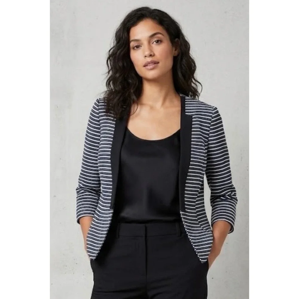 White‎ House Black Market Striped Open Front Blazer Navy Blue Black White Size 6